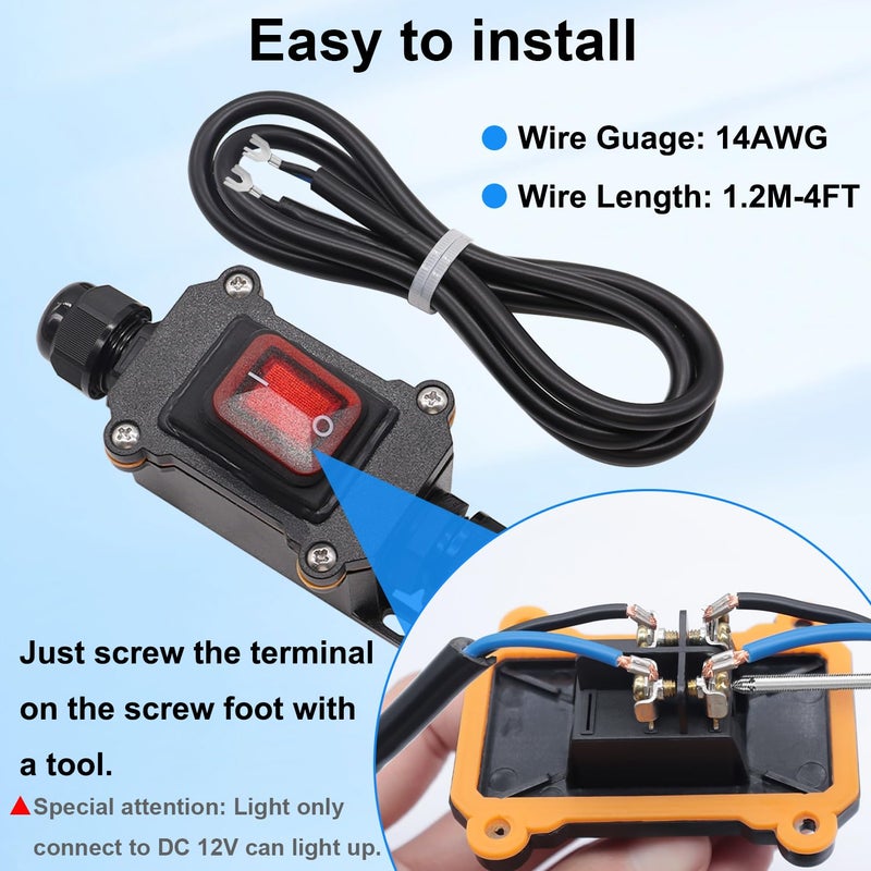 Bemaka IP67 Waterproof Inline Switch 12V DC 20A 4Pin 2 Position On/Off Toggle Switch with 14 AWG Wire Outdoor Inline Cord Switch with Red LED Rocker Button - Image 2